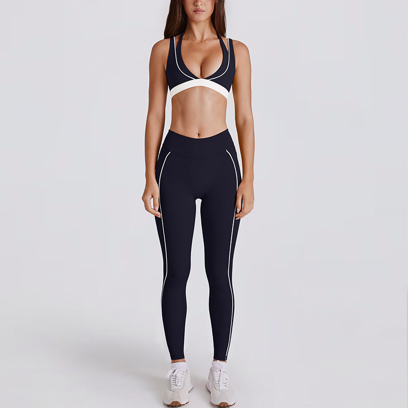 Two-in-One Color-Block White Stripes Running Fitness Shorts V-Neck Halter Sports Bra Yoga Outfit Set SKL-QY-B6534+K4600
