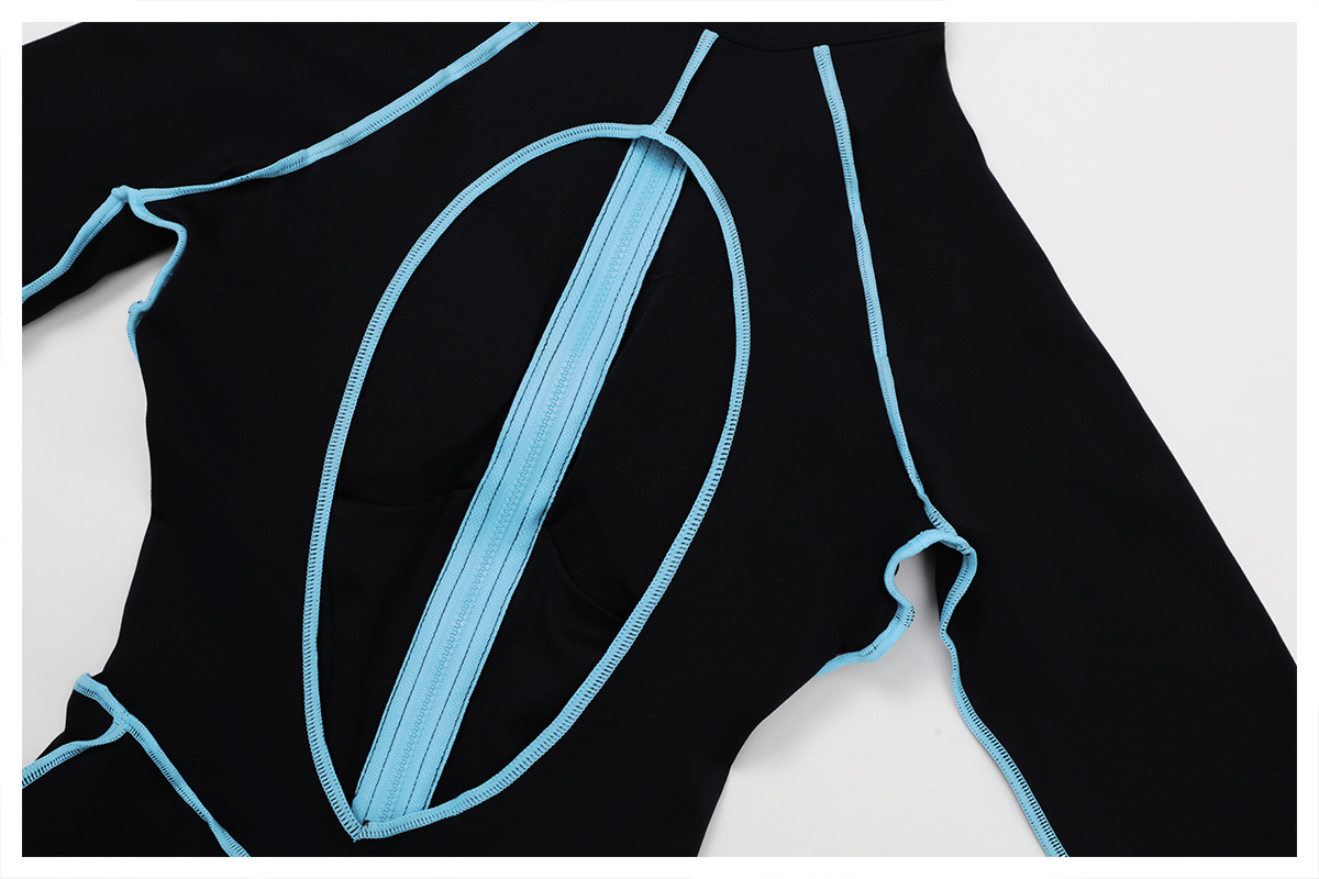 Color Block Hollow-Out Back Long-Sleeve Yoga Jumpsuit 9317