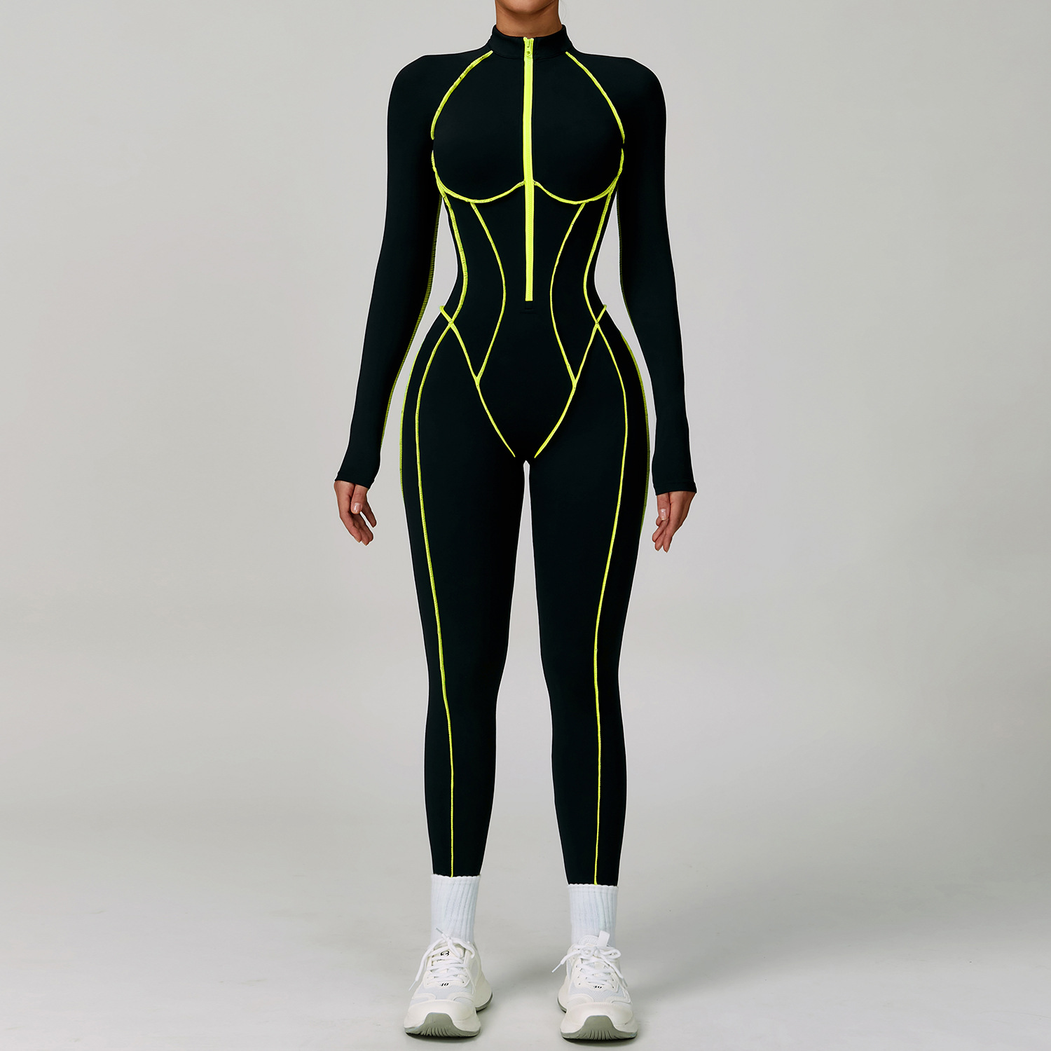 Color Block Hollow-Out Back Long-Sleeve Yoga Jumpsuit 9317