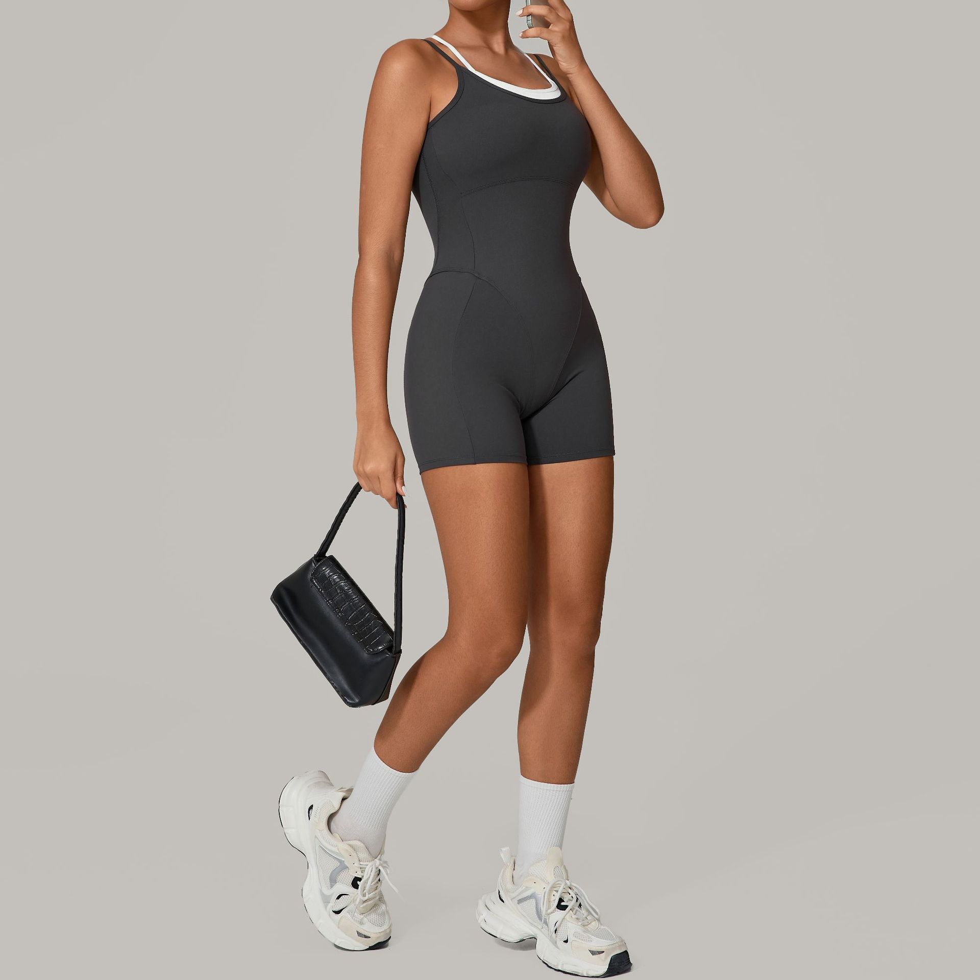 Two-Piece Look Color Block Camisole Gym Bodysuit 0627