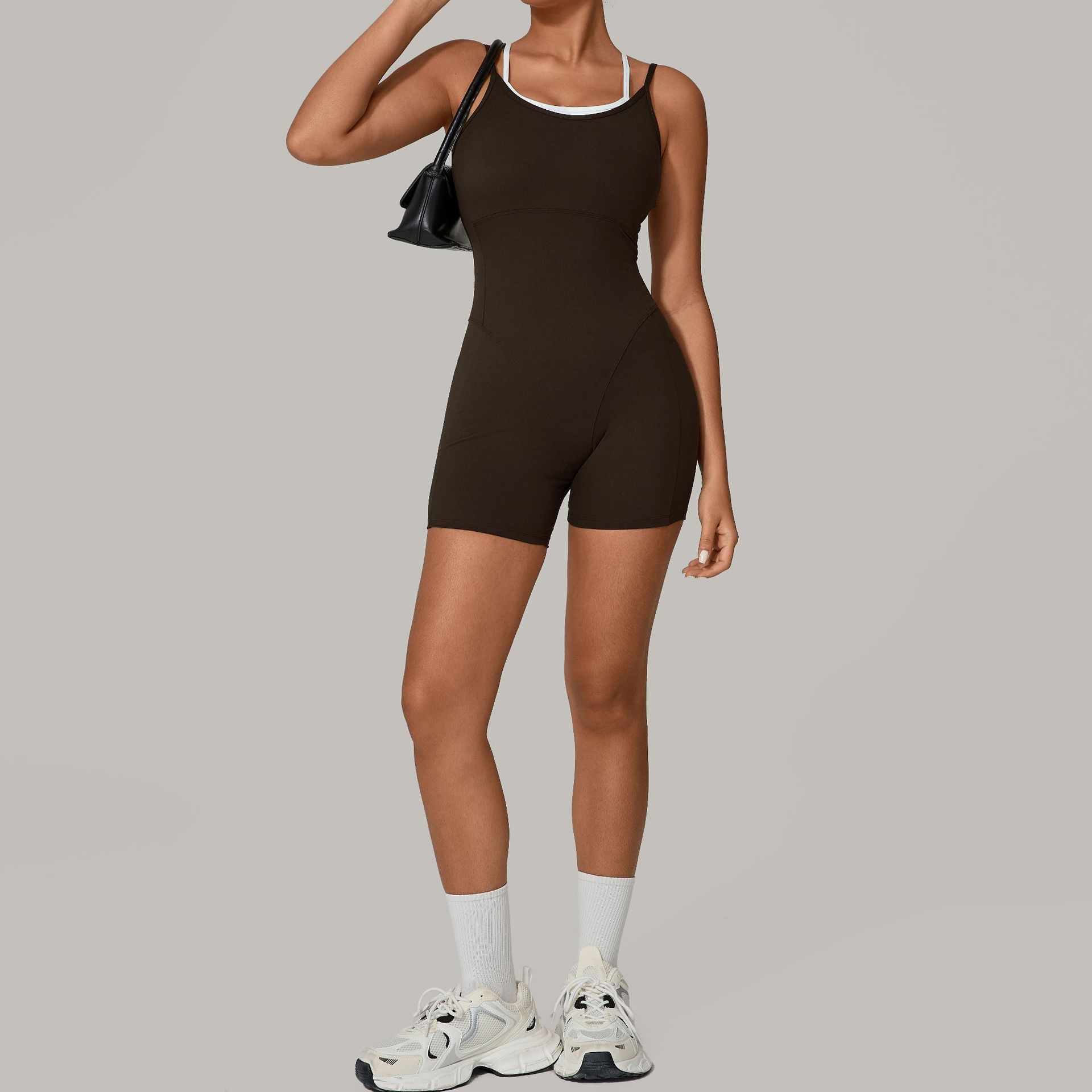 Two-Piece Look Color Block Camisole Gym Bodysuit 0627