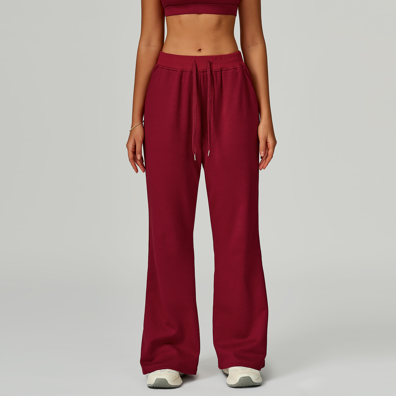 High-Waisted Loose Drawstring Pocket Straight-Leg Sports Sweatpants 2030-2