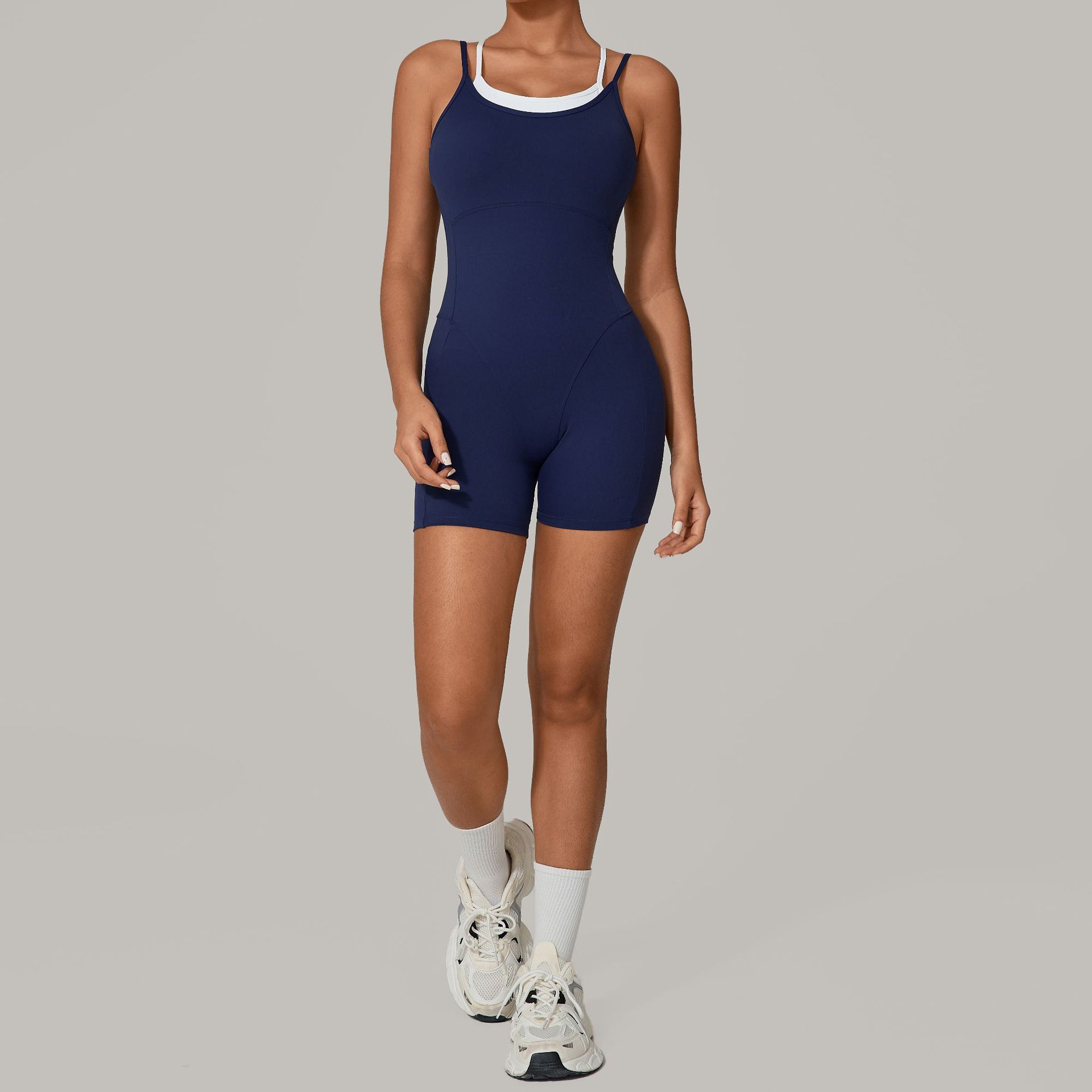 Two-Piece Look Color Block Camisole Gym Bodysuit 0627