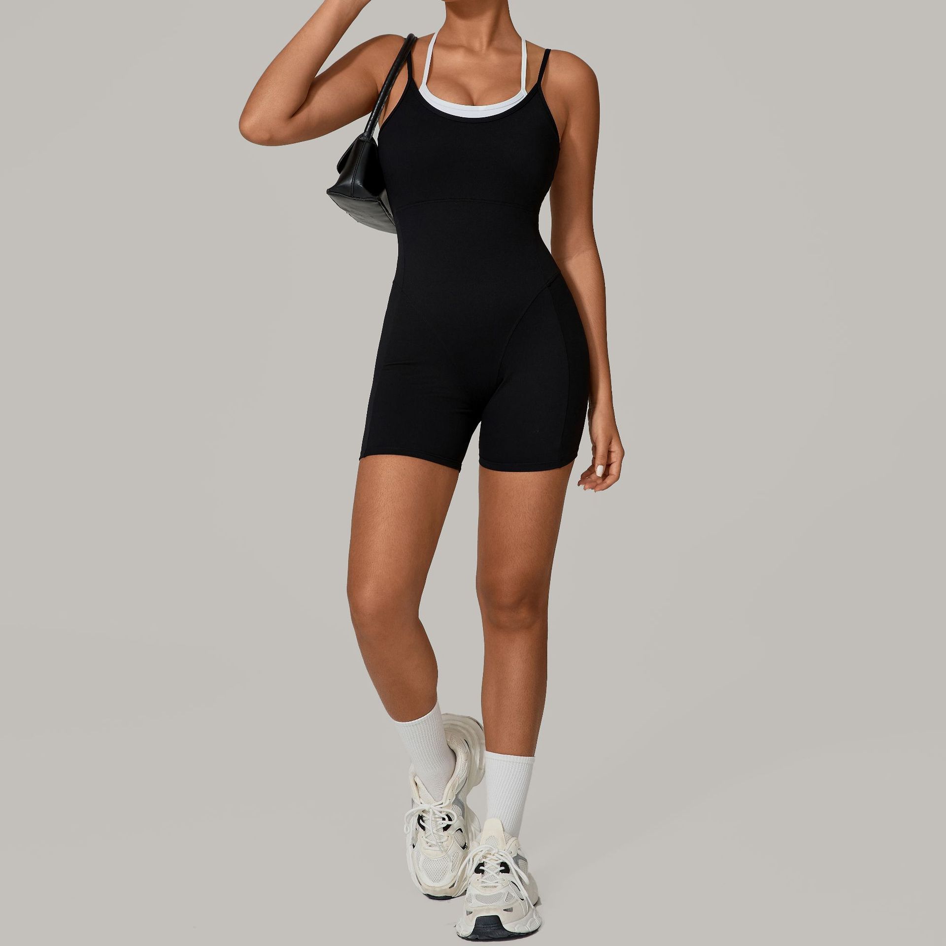 Two-Piece Look Color Block Camisole Gym Bodysuit 0627