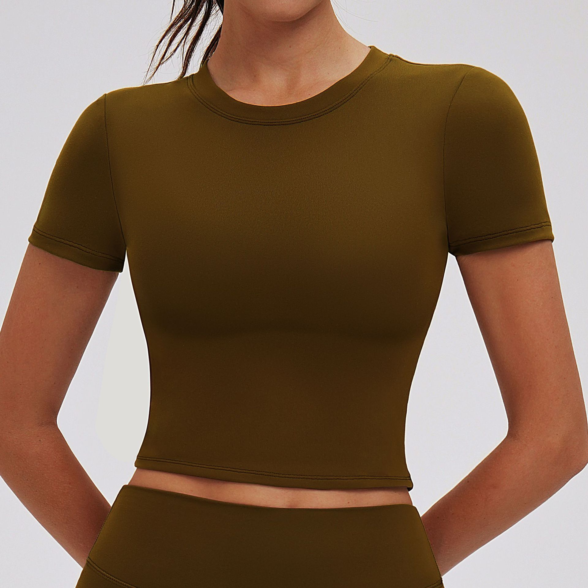 Solid Color Tight Yoga Top with Short Sleeves EDX5087