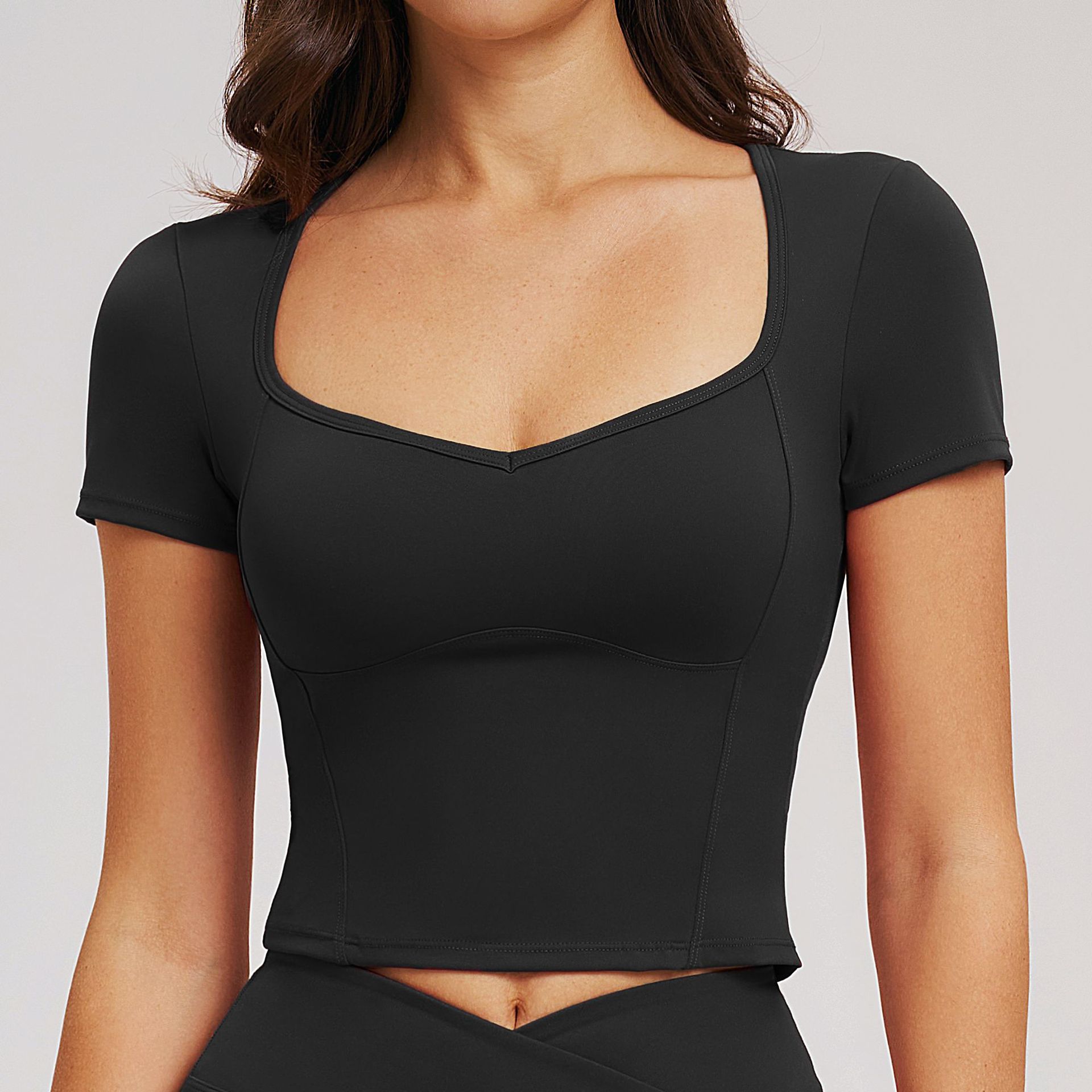 Solid Color Tight Yoga Top with Short Sleeves EDX2539