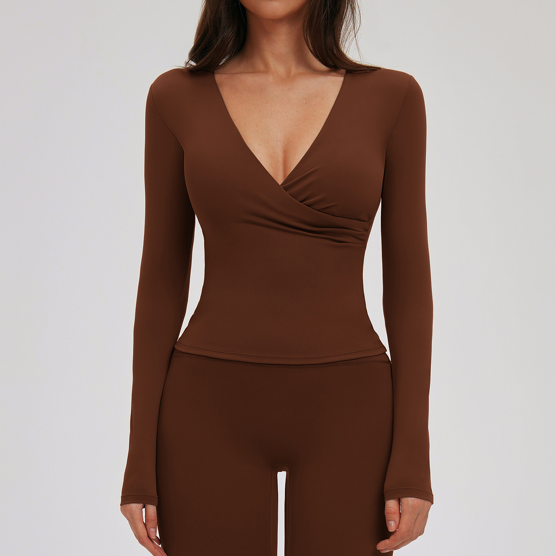 V-neck Tight Yoga Top with Long Sleeves ECX5529