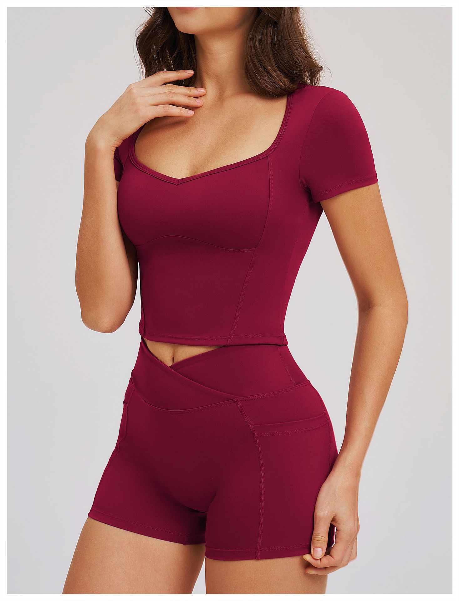 Solid Color Tight Yoga Top with Short Sleeves EDX2539