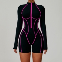 Color Block Hollow-Out Back Long-Sleeve Short Yoga Bodysuit 9318