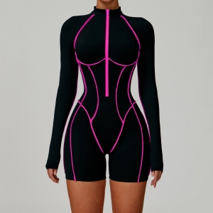 Color Block Hollow-Out Back Long-Sleeve Short Yoga Bodysuit 9318
