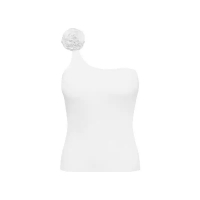 Women's Sleeveless Fitted One-Shoulder Top with 3D Floral Embellishment SKL-FNK7702
