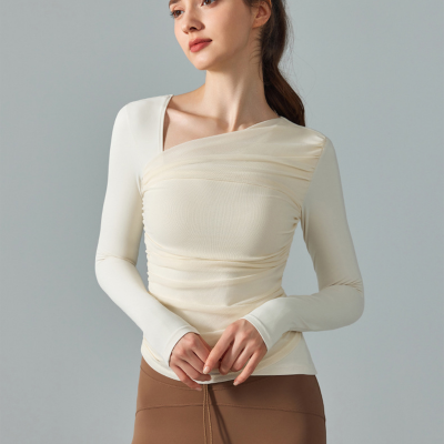 Diagonal Neck  Mesh Panels Long-Sleeved   Built-in Bra Yoga Top  DWTS124017 