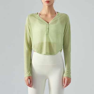 Loose V-Neck Lightweight Sheer Long-Sleeve Yoga Blouse DSL370 