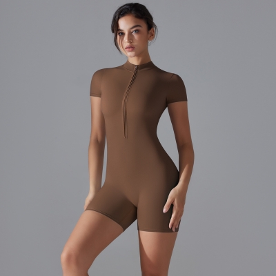 Stand Collar Half-Zipper Short-Sleeve Fitness Romper 6657