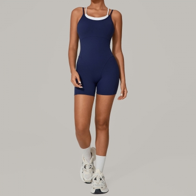 Two-Piece Look Color Block Camisole Gym Bodysuit 0627