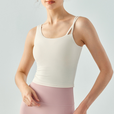 Asymmetric-Strap Fixed-Cup Solid-Color Fitness Bra Top DSG674