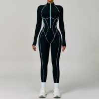Color Block Hollow-Out Back Long-Sleeve Yoga Jumpsuit 9317