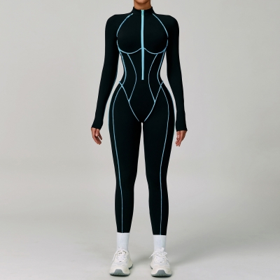 Color Block Hollow-Out Back Long-Sleeve Yoga Jumpsuit 9317