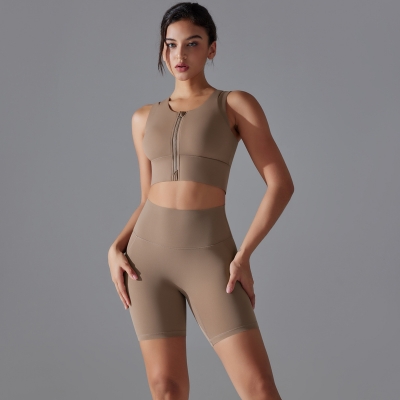  Zipper Bra High-Waisted Quick-Dry Tight Shorts Sportswear Set 7020