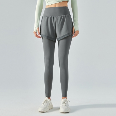 High-Waisted Fake Two-Piece Yoga Long Pants with Mesh Paneling  DSP351 