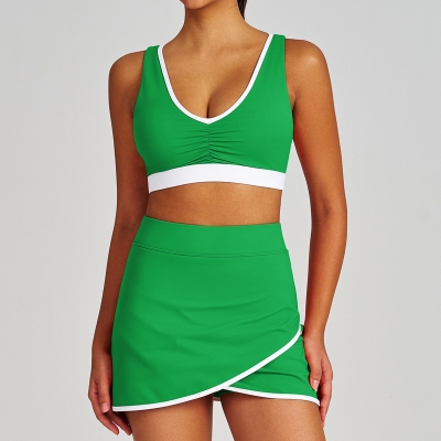  Colorblock Ruched Sports Bra Tennis Skirt & Tank Top Yoga Set SKL-QY-B4039+K4627