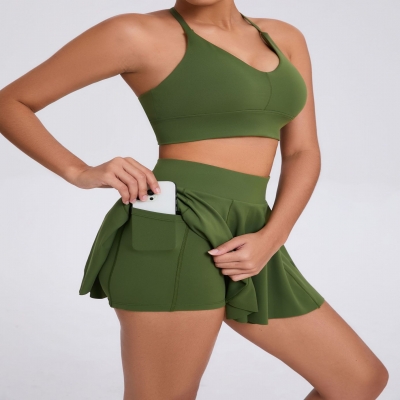 Solid Sports Bra & Tennis Skirt 2 Piece Set QS9904+9905
