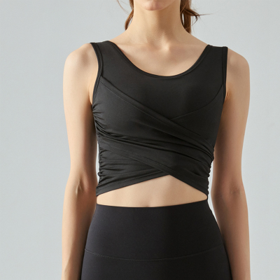 Cross-Pleated Yoga Tank Top with Built-in Pads DSG490