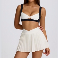 Detachable Bra Color-Block Bra Twist Camisole Casual Pleated Skirt Set SKL-QY-B6538+K6539