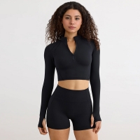 Half-Zip Long-Sleeve Yoga Top & Compression Running Shorts Set SKL-QY-T4806+K4523