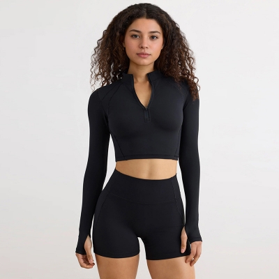Half-Zip Long-Sleeve Yoga Top & Compression Running Shorts Set SKL-QY-T4806+K4523