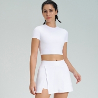 Open-Back Cutout Short-Sleeve Tennis Skirt Set with Built-in Bra Cups for Yoga SKL-QY-T4845+K4569
