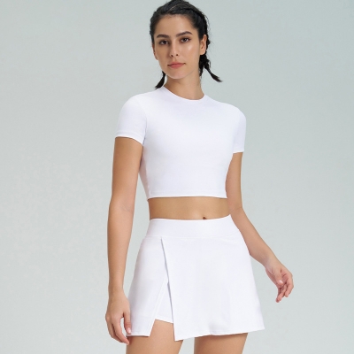 Open-Back Cutout Short-Sleeve Tennis Skirt Set with Built-in Bra Cups for Yoga SKL-QY-T4845+K4569
