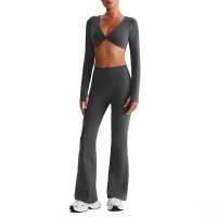 Pleated Micro - Flare Leggings And Knot Long - Sleeve Yoga Bra Set SKL-LQ8019