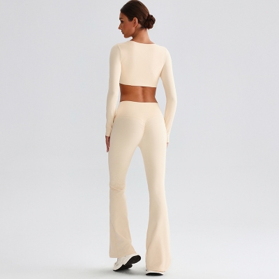 Flare Leggings Knot Long - Sleeve Yoga Bra With Pads Set SKL-LQ0819