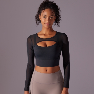 Shockproof Gathering Mesh Long-sleeve Sports Bra 7041