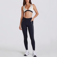 Two-in-One Color-Block White Stripes Running Fitness Shorts V-Neck Halter Sports Bra Yoga Outfit Set SKL-QY-B6534+K4600