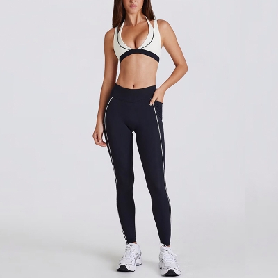 Two-in-One Color-Block White Stripes Running Fitness Shorts V-Neck Halter Sports Bra Yoga Outfit Set SKL-QY-B6534+K4600
