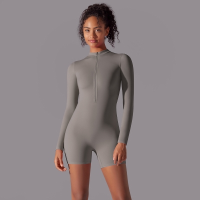 Half-open Collar Zipper Long Sleeve Fitness Romper 6646