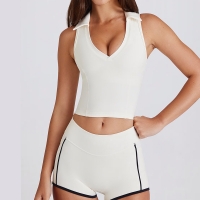 Sleeveless Running Exercise Pilates Fitness V-Neck Top Vest with Chest Pads Color-Block Lapel Yoga Outfit Set SKL-QY-T6537+K4598