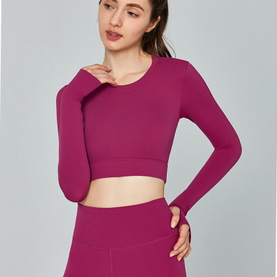 Solid Color Long-Sleeved V-Neck Quick-Drying Yoga Top  DWTS124113_复制
