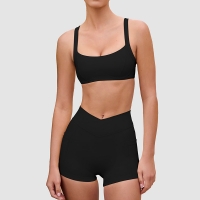 High-Elasticity Naked Feeling Breathable Stretchy Cross Waist Three-Point Shorts & Camisole Beauty Back Sports Bra Yoga Outfit Set SKL-QY-B6529+K3611