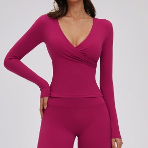 V-neck Tight Yoga Top with Long Sleeves ECX5529