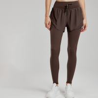 Fake Two-Piece Wide Waistband Drawstring Yoga Pants DWUS124111