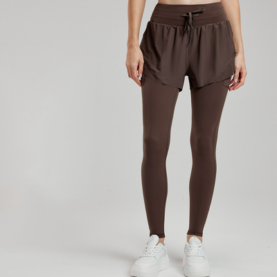 Fake Two-Piece Wide Waistband Drawstring Yoga Pants DWUS124111